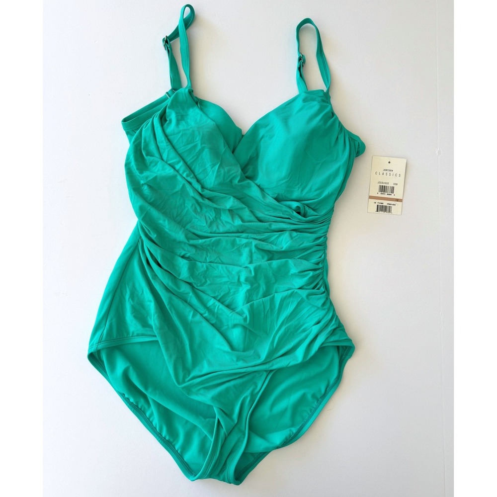 NWT Jantzen Classics One Piece Swimsuit Size 12 Teal Ruched Wrapped Style